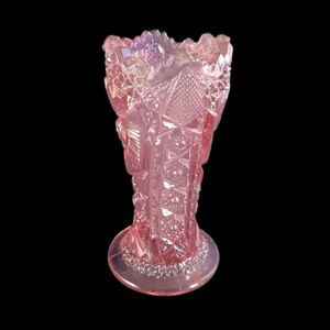 Whirling Star Vase Pink Carnival Glass  Sawtooth Rim LE Smith